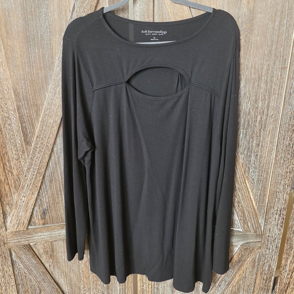 Soft Surroundings Shirt Women's 2X Black Keyhole Front Long Sleeve Tunic Top